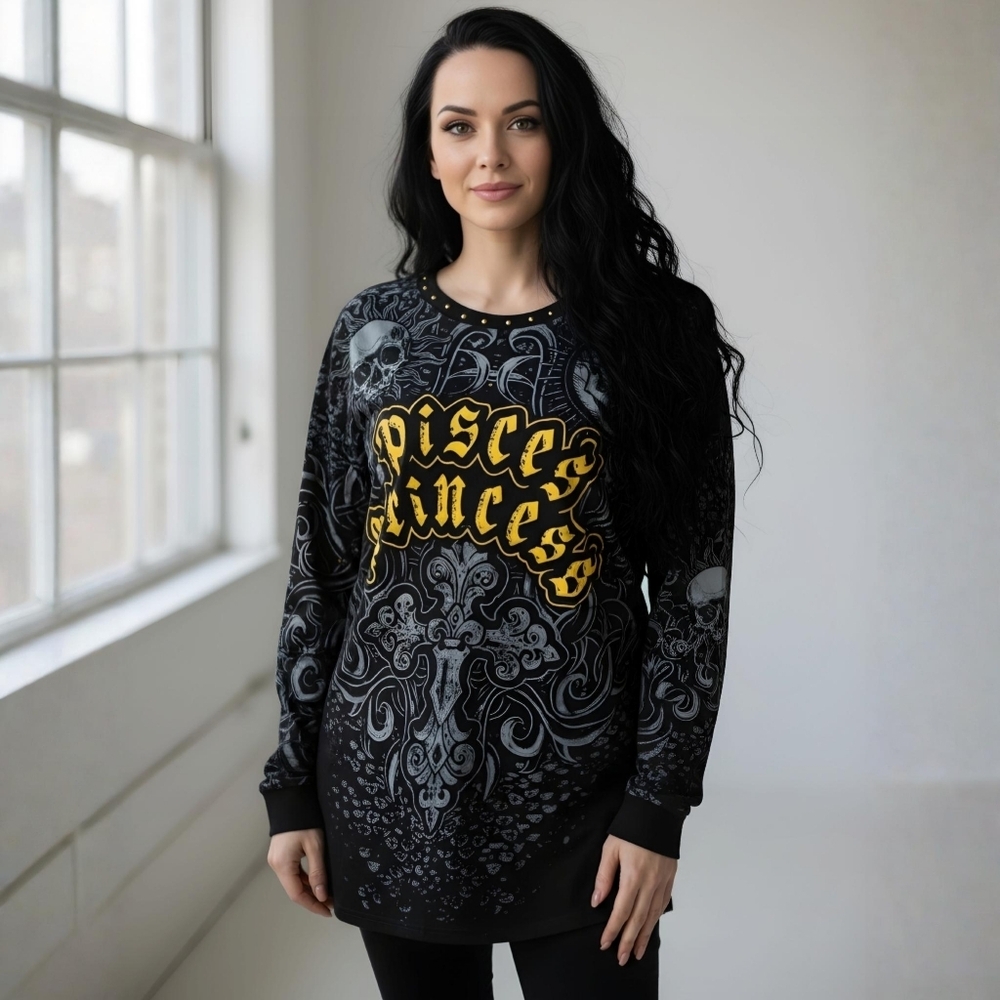 HOROSCOPEZ ✦ Pisces Princess Black Gold Long Sleeve Top ✦ Zodiac Graphic M NWT